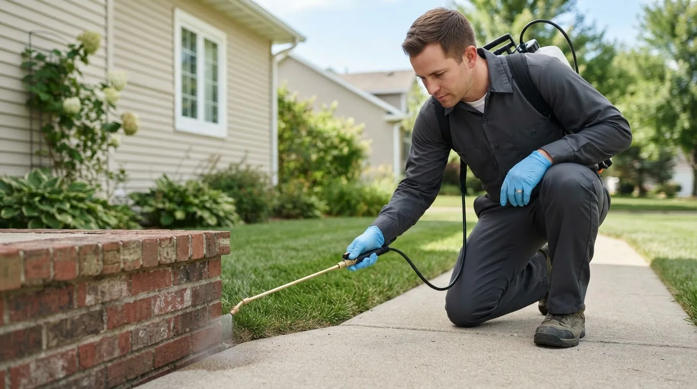 Pest control technician treating a home near Elberton, GA